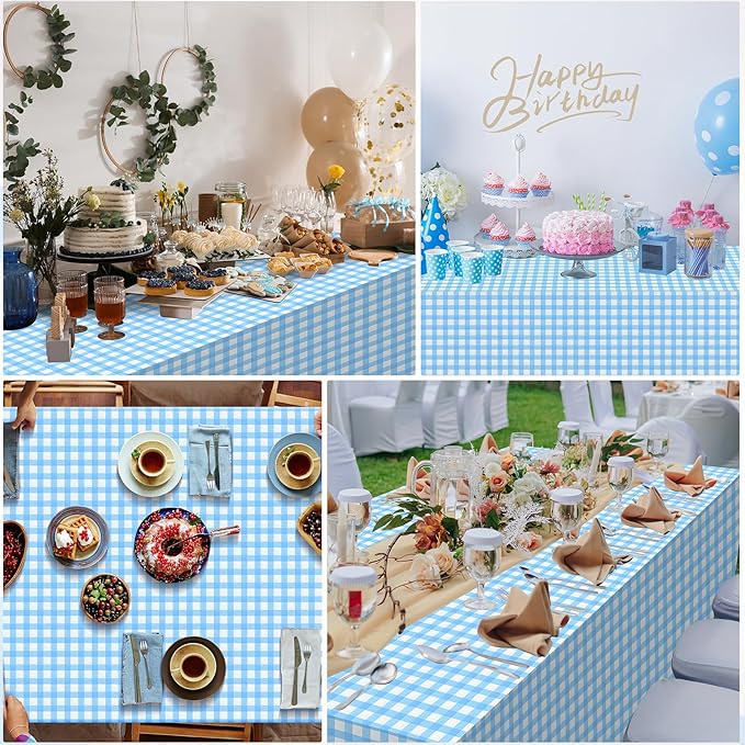 3pcs 54X108inch Light Blue Checkered Tablecloth,Blue Gingham Tablecloths Buffalo Plaid Disposable Plastic Table Covers for Birthday Baby Shower Bridal Wedding Party Birthday Decorations