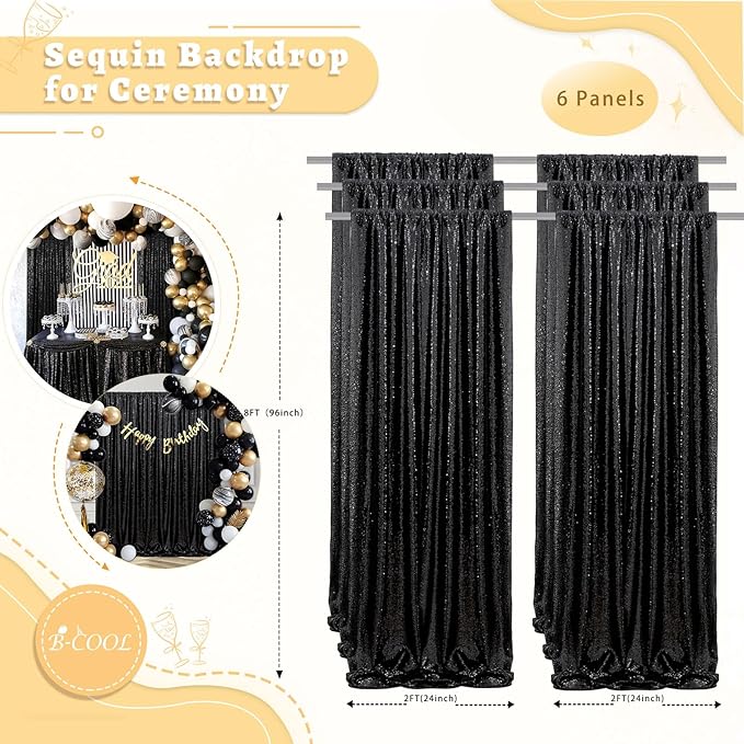 B-COOL Black Sequin Backdrop Curtain 6 Panels 2FTx8FT Shiny Curtain Drapes Glitter Background for Birthday New Years Holiday Party Satge Decorations