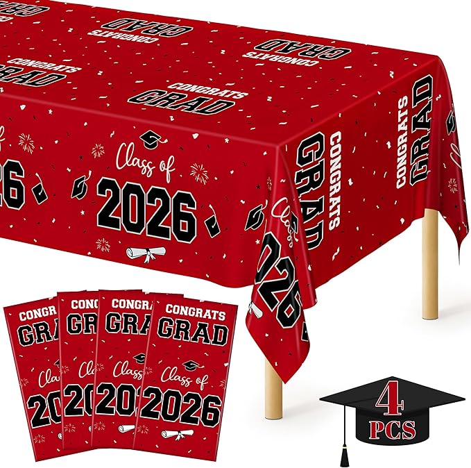 QZYL 4 Pack Graduation Table Cloth, 54" x 108" Red 2026 Graduation Table Decorations, Disposable Grad Party Decorations for College, Rectangle Plastic Tablecloth for Class of 2026 Congrats Grad