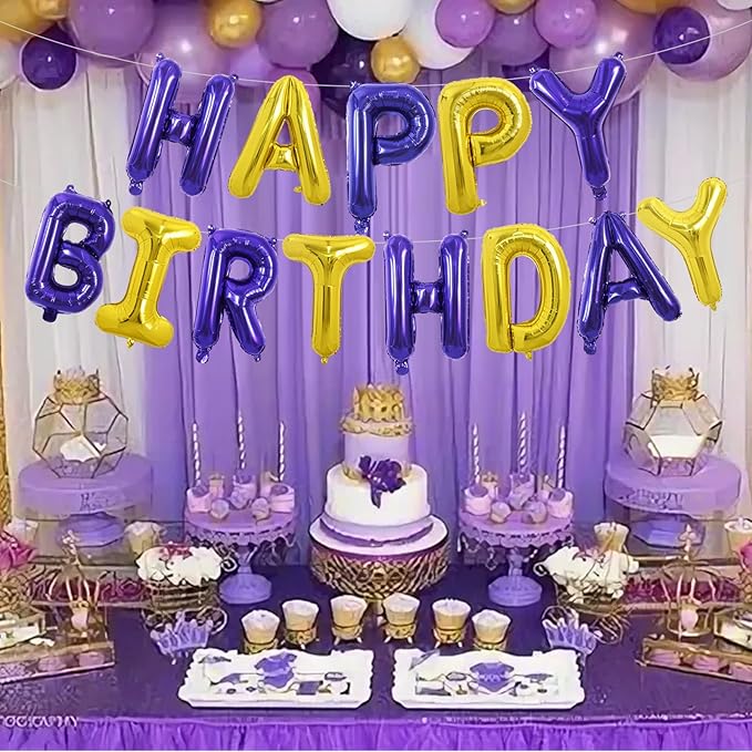 TONIFUL Happy Birthday Balloons with Ribbon Straw, 16 Inch Mylar Letters Birthday Sign Banner Bunting Reusable for Girls Boys Kids & Adults Party Decorations Supplies（Purple Gold）