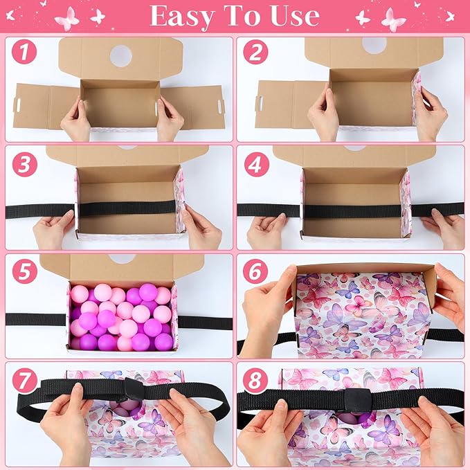 4 Sets Spring Party Games Pink Purple Butterfly Shake Box, 4 Adjustable Belts and 80 Balls, Swing Shaking Balls Set for Adults Tea Garden Outdoor Indoor Group Party Game