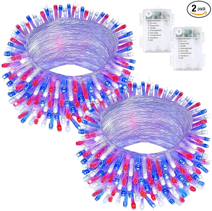 2 Pack Red White and Blue Battery Operated Fairy Lights, 66FT 200LED 4th of July String Lights with Timer, 8 Modes Waterproof Patriotic Twinkle Light Indoor Outdoor for Independence Day Memorial Day