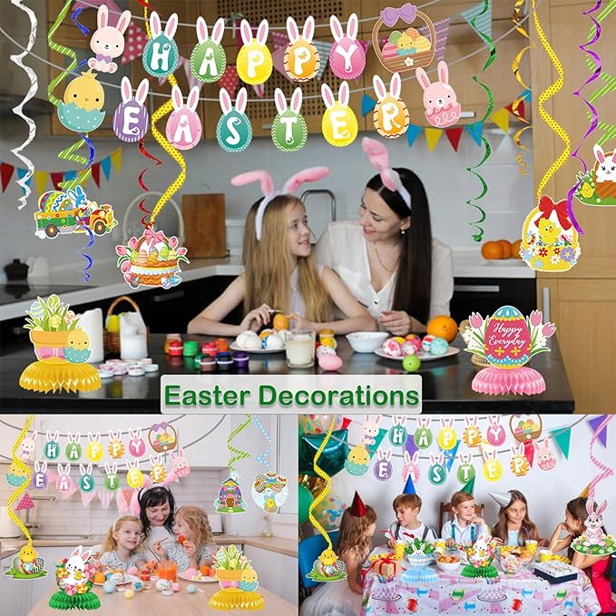 Easter Decorations for Home Decor - 47Pcs Danner Kit, Happy Easter Banners with 3D Bunny Backdrop for Photography Birth Party Favors for Class Office Ceiling Decor Yard Garden Outdoor
