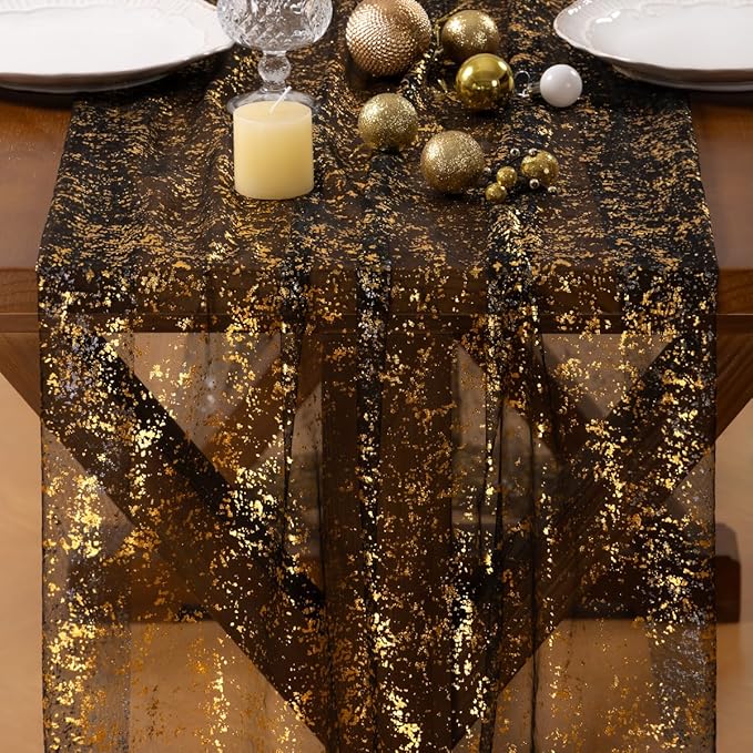 Socomi Christmas Snow Table Runner Gold Gauze Sheer Chiffon Cheesecloth Sequin 10FT Glitter Metallic Foil Dining Wedding Birthday Party Fall Winter Holiday Centerpiece Table Decor 3pcs Black