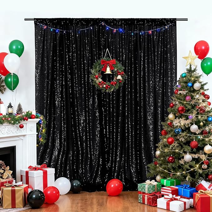 PartyDelight Black Sequin Backdrop 6x7ft - High Density 3mm Shimmer Sequin Background with 4-Inch Rod Pocket, Sparkly Photography Curtain for Birthday, Prom, Studio & Event Decor