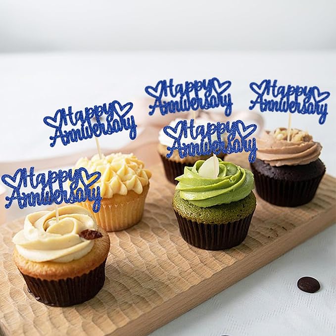 Gyufise 24Pcs Happy Anniversary Cupcake Toppers Glitter Anniversary Party Supplies Cake Decorations Wedding Celebration Party Decoration Supplies Blue