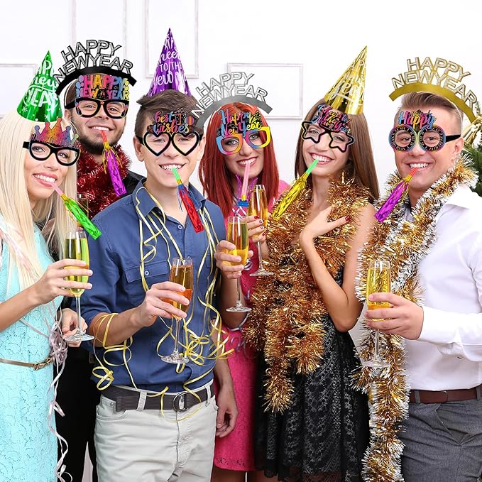 Openfly 36Pcs New Years Eve Party Supplies 2026 Happy New Year Hats Headband Tiara Noise Makers Paper Glasses Party Favors