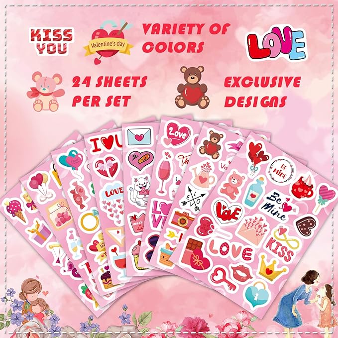 DUJAA 465PCS Valentine Stickers - Valentines Stickers for Kids Love Stickers Kawaii Heart Stickers Valentine's Day Theme Stickers Party Favors Gifts Decorations Supplies
