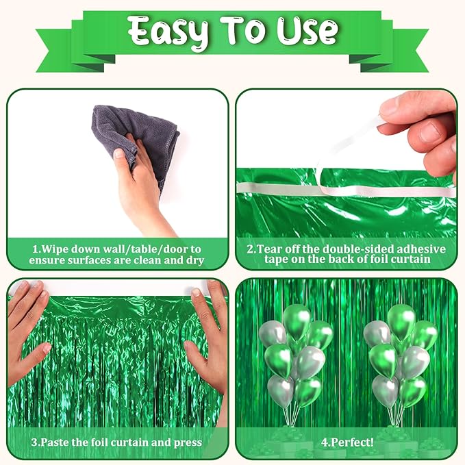 3.3 x 6.6 ft Foil Fringe Backdrop Curtains, Tinsel Streamers Party Decorations, Fringe Backdrop for Birthday, Baby Shower, Gender Reveal, Graduation (3, Green)
