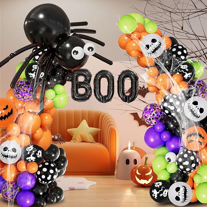 Halloween Spider Web Arch Kit - 136 Pcs Boo Banner Balloons, Spider & Confetti, Indoor/Outdoor Decor