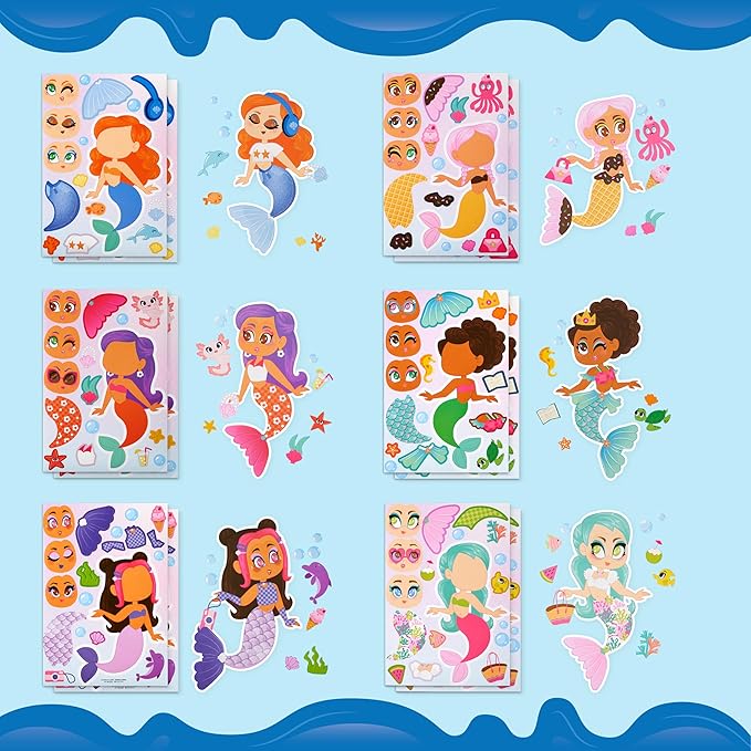 JOYIN 24 Sheets 9"x6" Make a face Stickers for Kids, Make Your Own Mermaid Stickers, Party Favors Kids Crafts, Goodie Bags Stuffers Classroom Activities