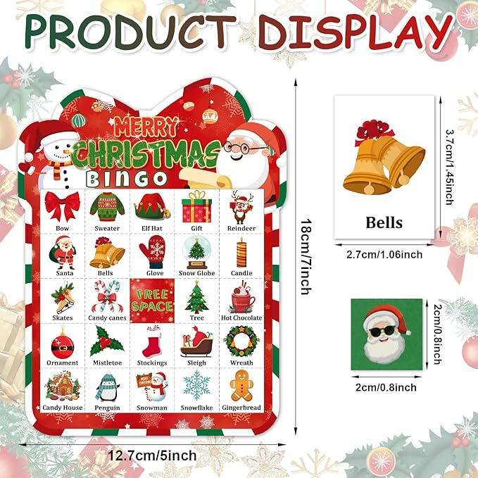 Christmas Bingo Cards Game Set - Xmas Festive Holiday Party Supplies for Kids and Adults, 24 Players, Merry Christmas Themed Bingo Cards for School Classroom, Family Activities, Seasonal Party Favors