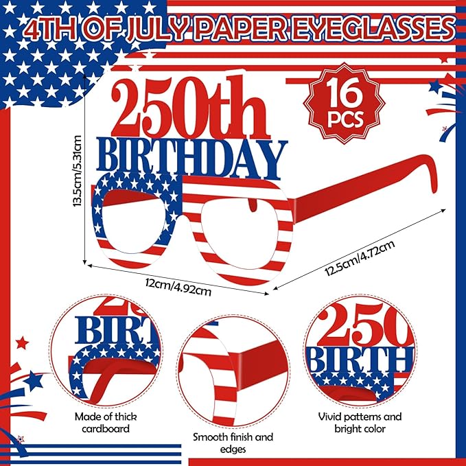 Pajean 32 Pcs 250th Anniversary USA Party Supplies Include 16 Paper Eyeglasses 16 Headbands 4th of July Patriotic Photo Booth Props for Independence Day Memorial Day Patriotic Party Favors Decors