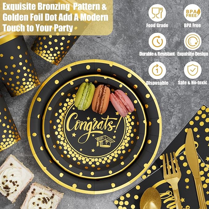 Ecomore 2026 Graduation Decorations - 245 PCS Grad Disposable Dinnerware(Serve 25) & Graduation Party Supplies With Congrats Paper Plate Cup Napkin Cutlery Tablecloth Backdrop Balloon Kit - Black Gold