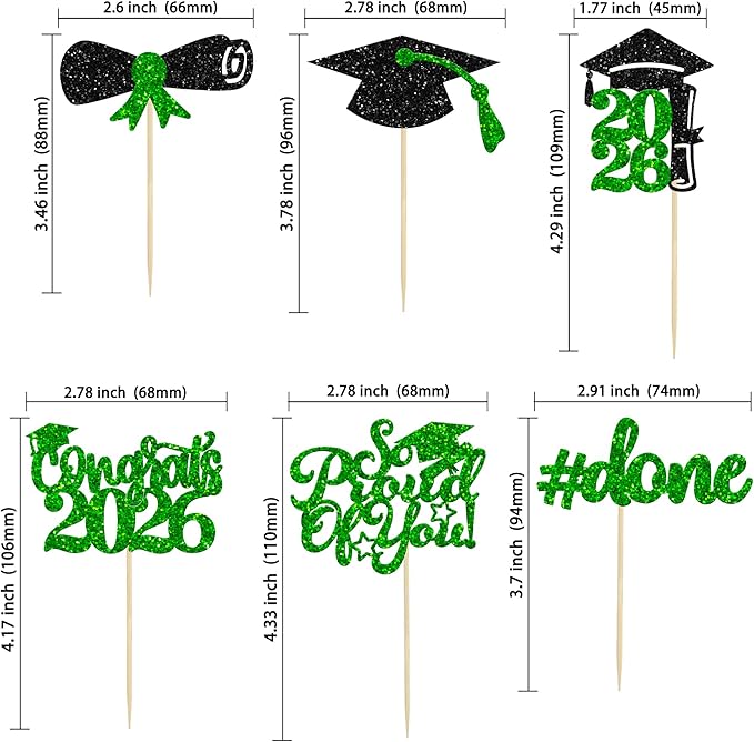 Gyufise 24Pcs Graduation Cupcake Toppers 2026 Glitter Class of 2026 Cupcake Toppers So Proud of You Congrats Grad Cap Diploma Cupcake Picks for Graduation Party Decorations 2026 Green