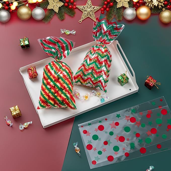 Aegero 120 Pcs Christmas Cellophane Treat Bags, Xmas Gift Candy Goodies Bags with 140 Pcs Twists for Xmas Party Favor Supplies,Kids Party Favors,Snacks Cookies Packing(10.63 x 5.12 inches,Christmas01)