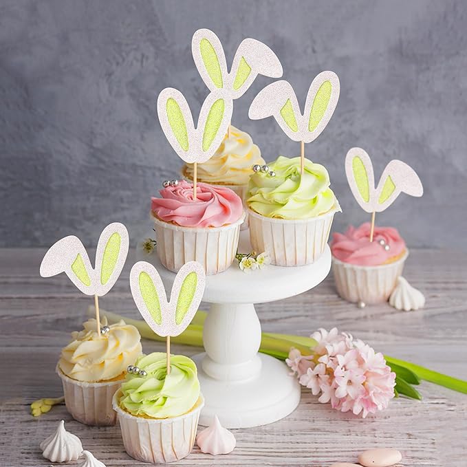 Ercadio 24Pcs Easter Bunny Ear Cupcake Toppers Glitter Yellow Rabbit Ears Cupcake Picks Easter Bunny Cupcake Decors for Rabbit Baby Gender Reveal Kids Birthday Baby Shower Party Supplies