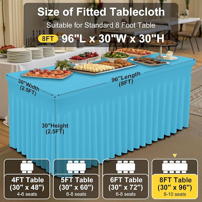 Smiry Spandex Tablecloth, Elastic Fitted Stretch Tablecloth for 8FT Rectangle Tables, Waterproof Washable Table Cover Skirt for Outdoor, Wedding, Banquet & Parties (Blue Mist, 96Lx30Wx30H Inch)