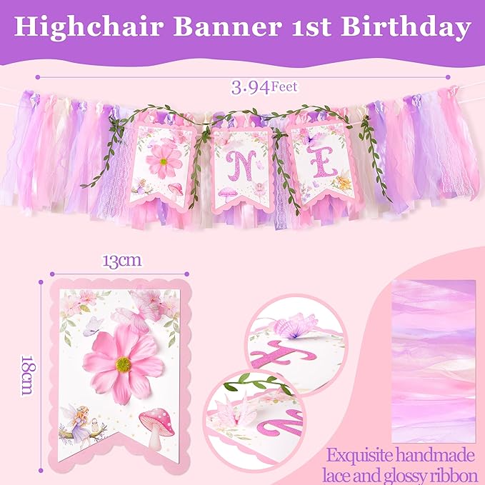 Fairy First Birthday High Chair Banner One High Chair Banner Girl Photo Backdrop Fairy First Birthday Decorations for Girl Wall Hanging Decorations for Kids Bedroom