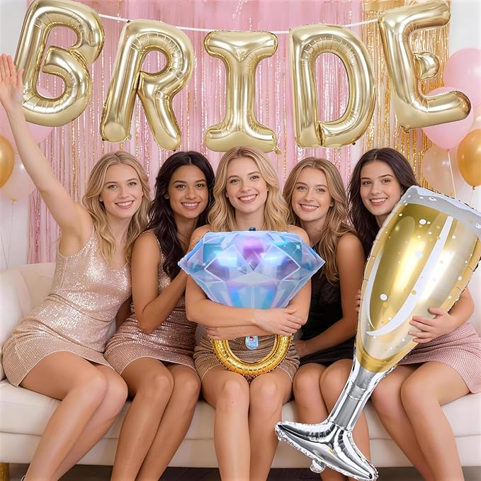 40inch Gold Bride Balloons Bachelorette, Bride To Be Bridal Shower Balloon Diamond Ring Champagne Glass Foil Balloons for Bachelorette Bridal Shower Engagement Wedding Hen Night Room Party Decorations
