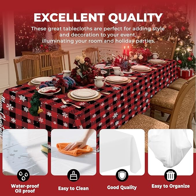 6 Pack Snowflake Tablecloth - Disposable Plastic Table Cover for Christmas Party Decoration Supplies - 54 x 108 Inches (Red Checkered Snowflake)