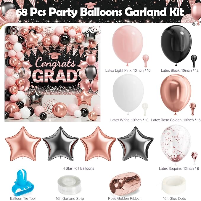 Ecomore 2026 Graduation Decorations - 245 PCS Grad Disposable Dinnerware(Serve 25) & Graduation Party Supplies With Congrats Paper Plate Cup Napkin Tablecloth Backdrop Balloon - Black Pink Rose Gold