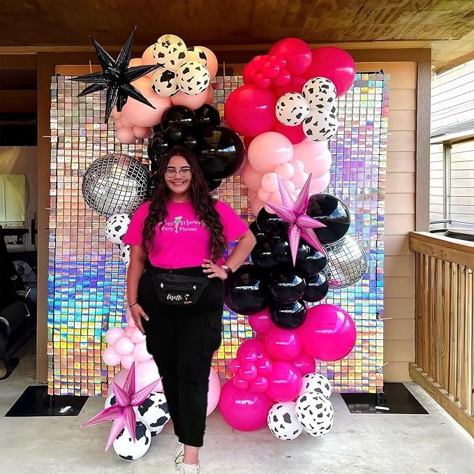 Hot Pink and Black Cowgirl Balloon garland Arch Kit 101Pcs with mylar foil Disco Ball Cow print Balloons for Girl birthday bachelorette party Decorations