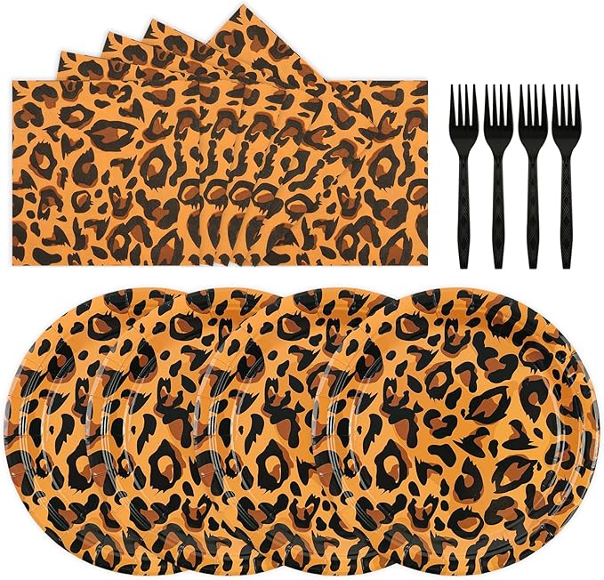 72PCS Leopard Birthday Plates Napkins Set, Leopard Cake Plates with Forks Cheetah Print Disposable Party Supplies Tableware for Birthday, Baby Shower, Jungle Party Decorations