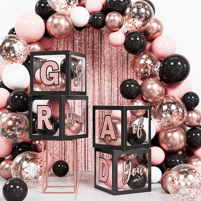 Graduation Party Decorations Class of 2026, 86PCS Pink Black Graduation Party Supplies High School College Grad Balloon Boxes with Letters, Foil Curtains, LED String Light, Balloon Garland Kit