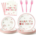 Pink Boho Rainbow Happy Birthday Bohemian Flower Heart Party Plates Supplies - Serves 24-96Pcs Party Tableware Decorations Disposable Paper Plates Napkins Forks for Birthday Baby Shower