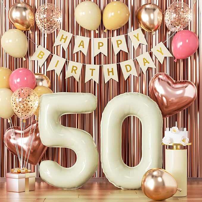 50th Birthday Decorations for Women, Retro Sand White and Cream Balloon Garland Kit, Cream Number 50 Balloon, Pink Happy 50th Banner, Milestone Party Supplies