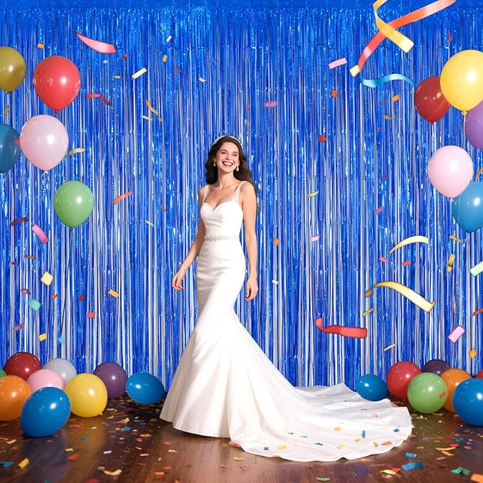 Navy Blue Foil Fringe Backdrop for Party Wall Decorations, Streamer Birthday Photoshoot Background - 3.28 x 6.56ft Tinsel Curtains for Doorway, Baby Shower & Wedding