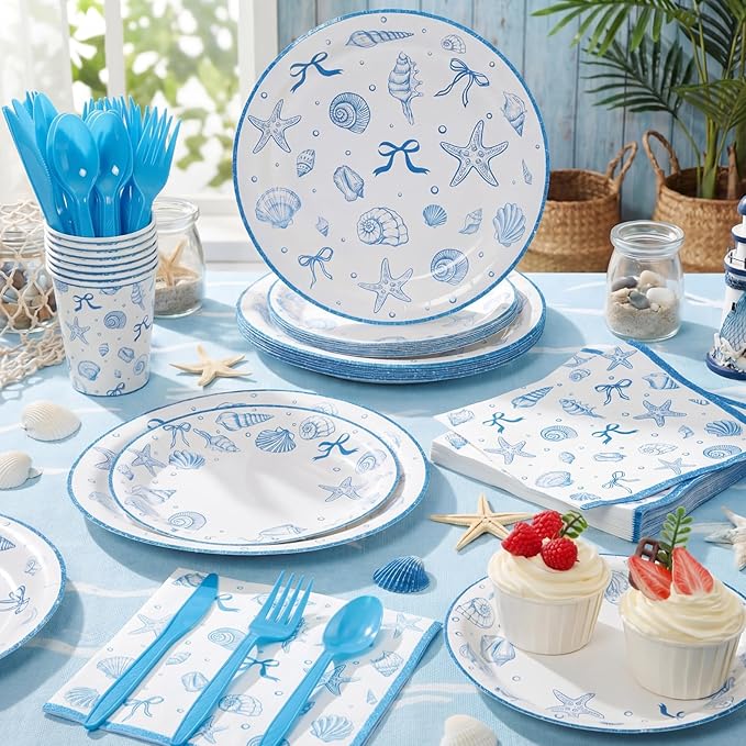 Honeydak 210 Pcs Seashell Beach Party Supplies, Serve 30 Coastal Theme Disposable Paper Plates Blue Ocean Starfish Party Decorations Napkins Forks Cups for Bachelorette Summer Birthday Baby Shower