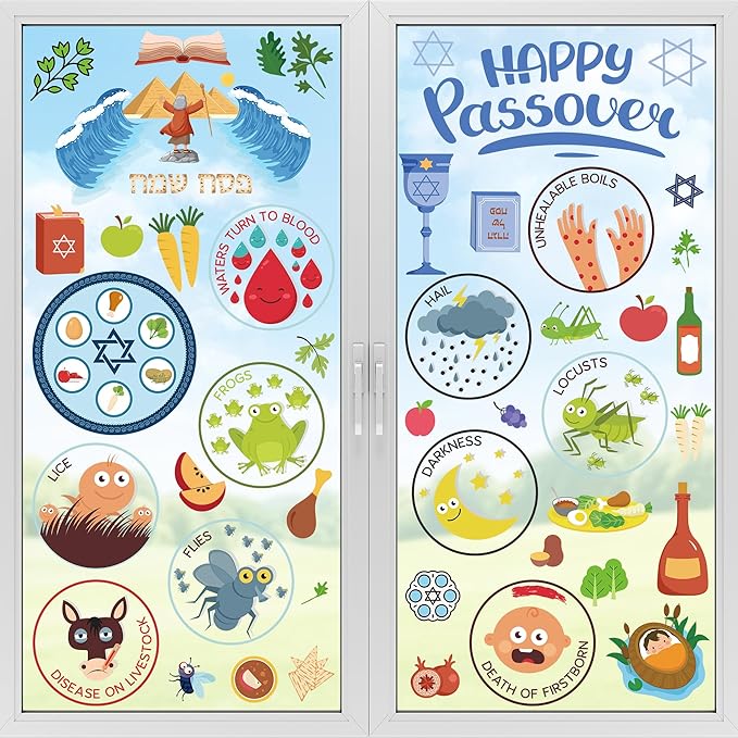 63 PCS Passover Decorations, 9 Sheets Colorful Passover Window Clings with Seder Plates Stars of David Eggs Red Wine Patterns, Double-Sided Jewish Decor for Pesach Party Supplies Home School