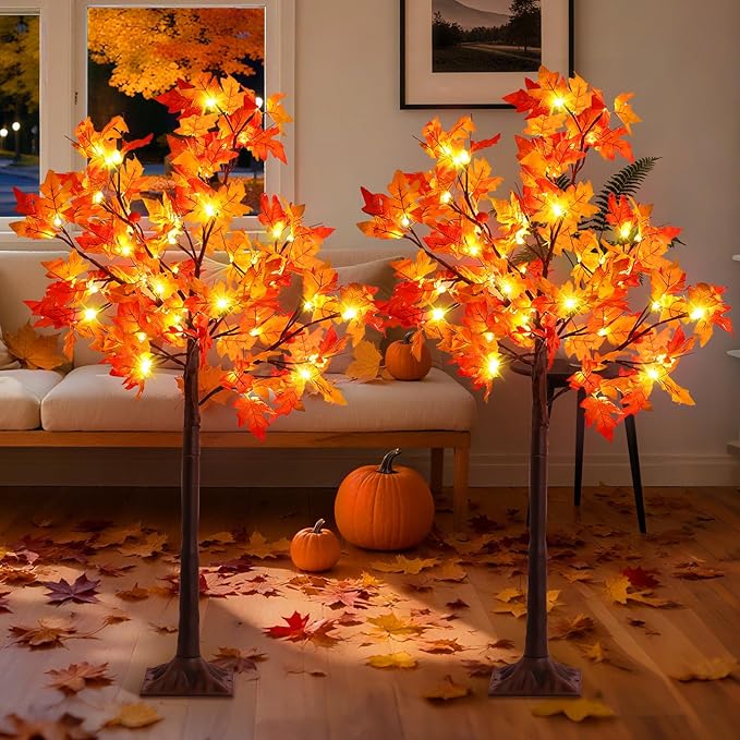 2Pack 4FT Artificial Prelit Lighted Fall Maple Tree for Home Fall Halloween Thanksgiving Table Harvest Home Indoor Decoration