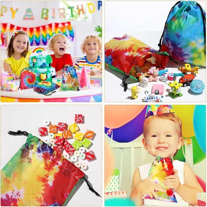24 Pcs Tie Dye Party Favor Bags Drawstring Birthday Gift Bag Candy Goodie Treat Bag Colorful Snacks Bag, Polyester Wrap Bags for Retro Tye dye Beach Party Decor School Supplies (9.8 x 7.1 Inch)