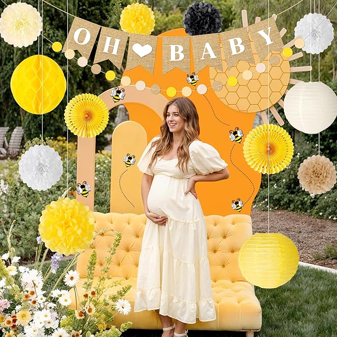 Bee Baby Shower Decorations 14 Pcs Honey Bee Baby Shower Decorations with Banner, Paper Lantern PomPoms Fans, Honeycomb Ball for Bumblebee Party Decor