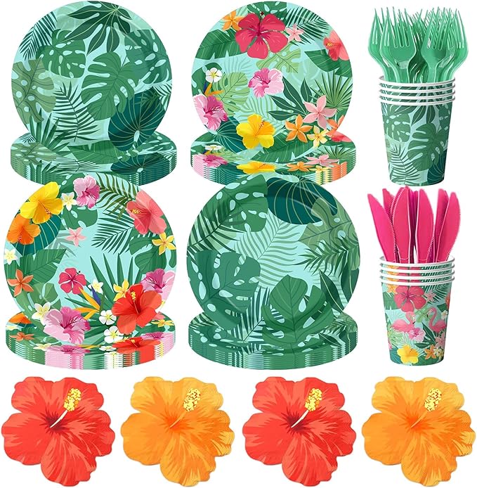144Pcs Tropical Luau Party Supplies Hawaiian Hibiscus Floral Disposable Paper Plates and Napkins Palm Leaf Themed Tableware Set for Summer Beach Aloha Birthday Decorations