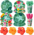 144Pcs Tropical Luau Party Supplies Hawaiian Hibiscus Floral Disposable Paper Plates and Napkins Palm Leaf Themed Tableware Set for Summer Beach Aloha Birthday Decorations