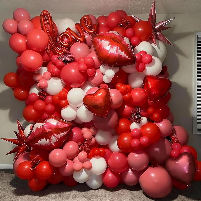 Valentines Balloons Arch Kit with Dusty Pink Red Balloons Red Star Pink Heart Lip Love foil Balloon for Women Girls Valentine's Day Galentines Day Wedding Bridal Shower Anniversary Party Supplies