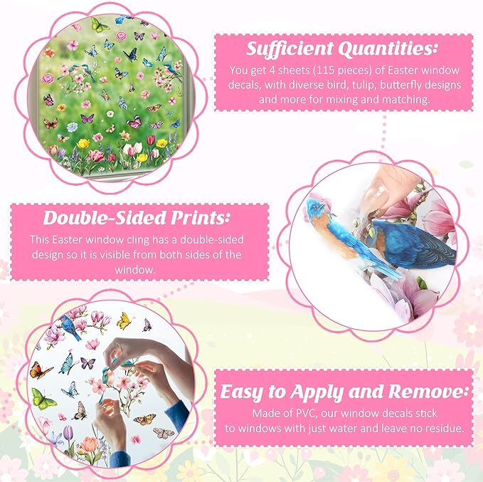 115 PCS Spring Decorations, 4 Sheets Waterproof Spring Window Clings, Double-Sided Easter Window Decorations with Flowers Butterflies Birds Designs, Colorful Easter Party Decor for Home Store