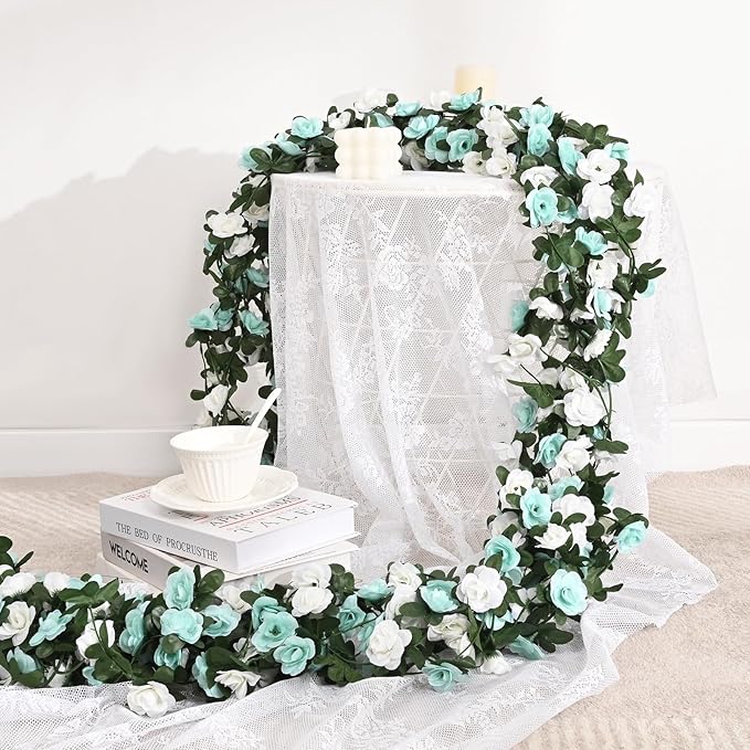 BLEUM CADE 12Pcs 98.4Ft Flower Garland Artificial Rose Vines for Bedroom, Cute Fake Hanging Flower Vines Floral Garland Decorations for Wedding Party Wall Room Decor Aesthetic