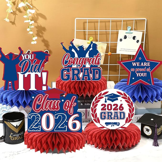 Yisong 9 Pieces 2026 Graduation Party Table Decorations Class of 2026 Congrats Graduation Centerpieces for Tables Congratulate Honeycomb Centerpiece Topper for Grad Party Supplies (Blue, Red)