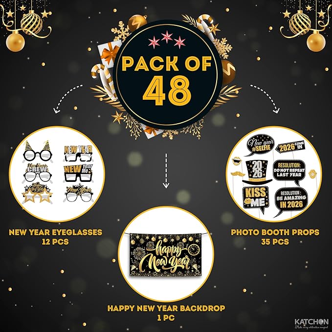 KatchOn, New Years Eve Party Supplies 2026 Set - Pack of 48 | Black and Gold Happy New Year Banner, New Year Photo Booth Props | 2026 Glasses for New Years Decorations | NYE Eve Decorations