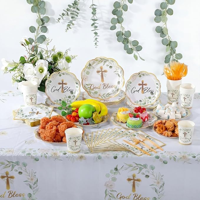 Pickmesh 194 Pcs God Bless Baptism Party Decoration Boy 24, Sage Green Baptism Paper Plate Napkin Cup Tablecloth Cutlery First Holy Communion Disposable Tableware for Christening Baby Shower Supplies