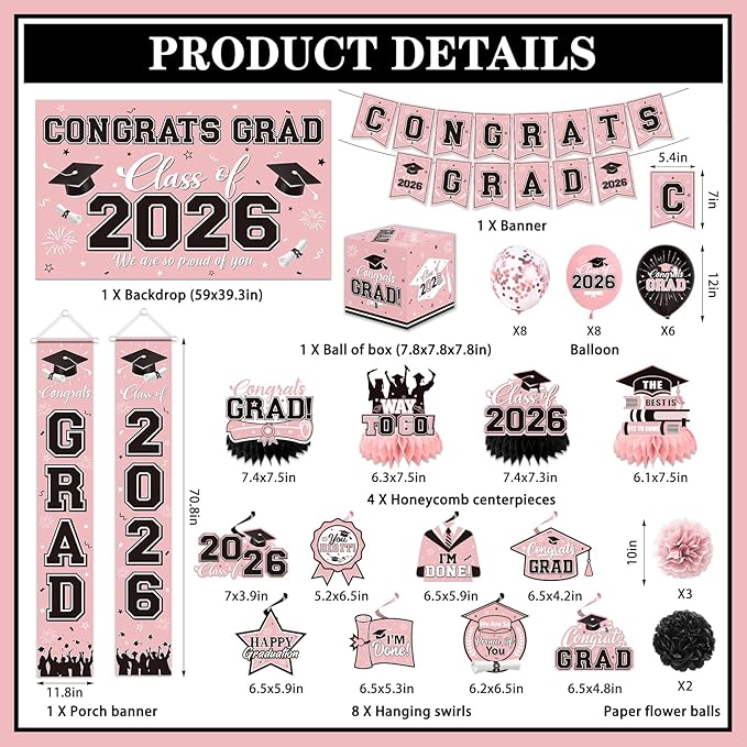Graduation Decorations 2026 Pink Party Decor Set with Congrats Grad Banner, Class of 2026 Backdrop, Balloons, Box & Streamers Supplies for High School & College Celebrations
