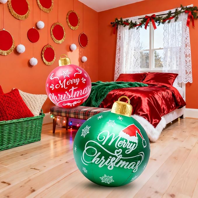 2 Pcs 24-Inch Christmas Ornaments, Large Flocked PVC Decorative Balls Christmas Themed Party Ornaments for Lawn, Garden, Patio and Indoor Decor (Red,Green)