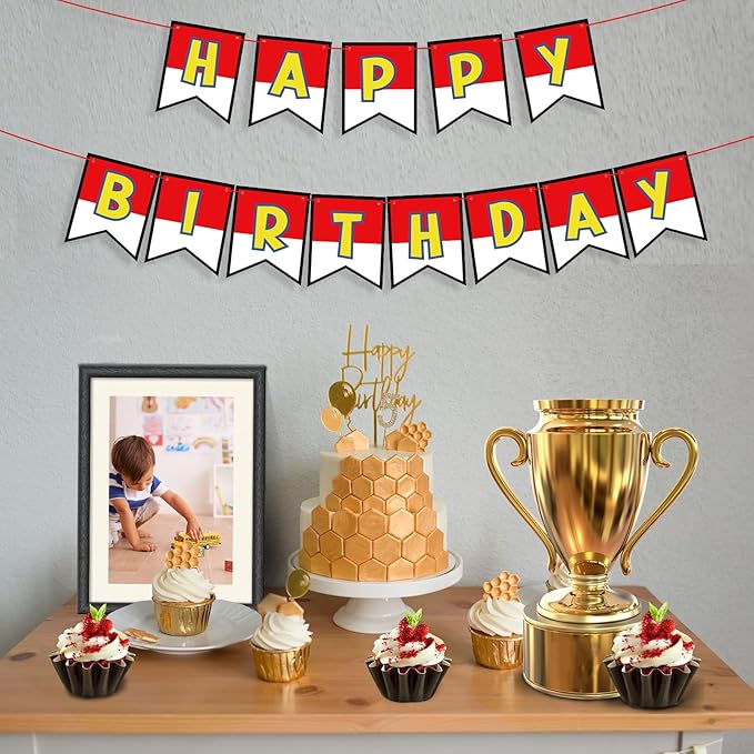 Cartoon Red White Yellow Happy Birthday Party Banner, Ultra-Thick Premium Paper Letter Birthday Garland, Adjustable Spacing Perfect Kid Birthday Hanging Sign Decoration Supplies(No DIY Required)