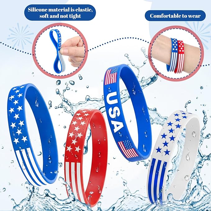 Sosation 48 Pcs 4th of July Party Favors Bracelets USA American Flag Red White and Blue Bracelet Patriotic Silicone Wristbands for 250th Anniversary Independence Day Party Favor