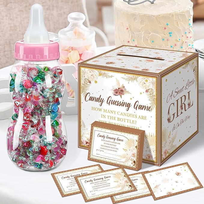 Glenmal 52 Pcs Baby Shower Games Gift Sets Large Baby Bottle for Shower Game Guess How Many Candies Decorations for Gender Reveal(Boho Pampas Grass)